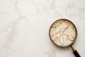 Fototapete - Magnifying glass revealing dry flaky skin texture on a smooth marble surface in a close up view. Generative AI