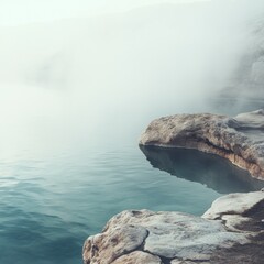 Poster - Serene hot spring at dawn with steam rising above rocky edges inviting relaxation and tranquility for visitors. Generative AI