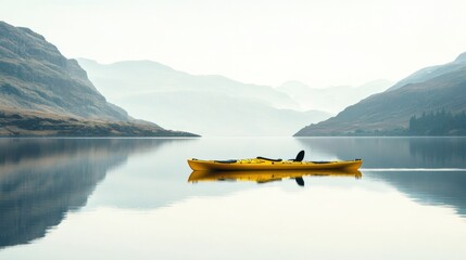 Aufkleber - Lone yellow kayak on a tranquil mountain lake surrounded by misty peaks during a serene early morning. Generative AI