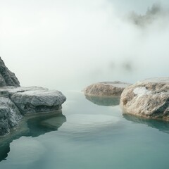 Poster - Serene hot spring with steam rising above rocky edges in a tranquil setting during early morning hours. Generative AI