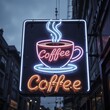 © yonzemre - Neon Coffee Sign in Urban Street at Night, Generative AI