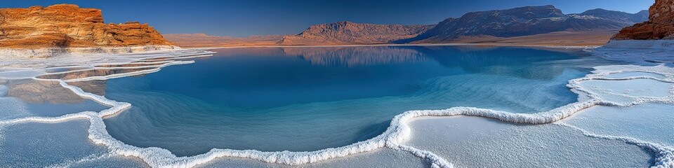 Wall Mural - Stunning Blue Saltwater Lake Scene with White Crystalline Shoreline, Rocky Red Canyons, Reflections in Turquoise Waters, and Clear Blue Skies, Natural Wonder