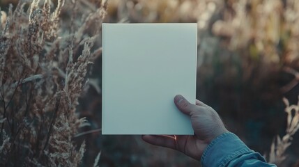 Hand holding a blank white brochure booklet. Leaflet presentation by a man showing an offset paper book with a sheet template for booklet design. Paper sheet display for first-person reading. 