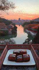 Wall Mural - Serene Chinese Sunset with Traditional Architecture Overlooking a River and Delicious Food Delights Creating a Perfect Harmony of Culture, Nature, and Culinary Art