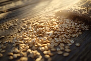 Wall Mural - oats scattered across a rustic wooden table bathed in soft morning light