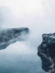 Poster - Discover tranquility with steam rising from rocky edges of a serene hot spring at dawn in a secluded nature reserve. Generative AI