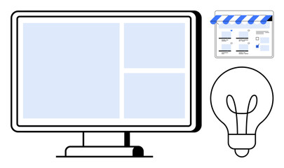 Computer monitor with divided screen layout next to an online storefront and lightbulb. Ideal for e-commerce, creativity, innovation, business ideas, online marketing, entrepreneurship, technology