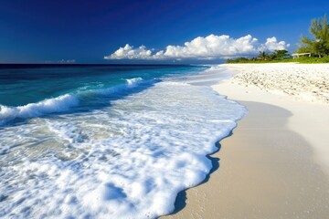Wall Mural - Pristine sandy beach with waves meeting azure ocean under clear blue sky