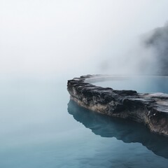 Poster - Serene hot spring surrounded by rocky edges with steam rising in a tranquil landscape at sunrise. Generative AI