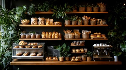 Bakery display with fresh pastries and plants