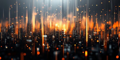 Poster - Futuristic city skyline, glowing streams, night, digital art, tech background