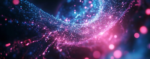 Poster - Pink blue particles swirl; bokeh background; digital art; website banner