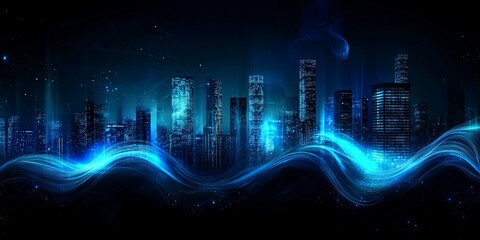 Poster - Futuristic city skyline, glowing energy waves, night scene, digital art, website banner