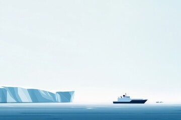 Fototapete - Ship navigating icy waters near a massive ice formation in a serene Arctic landscape during daylight hours. Generative AI