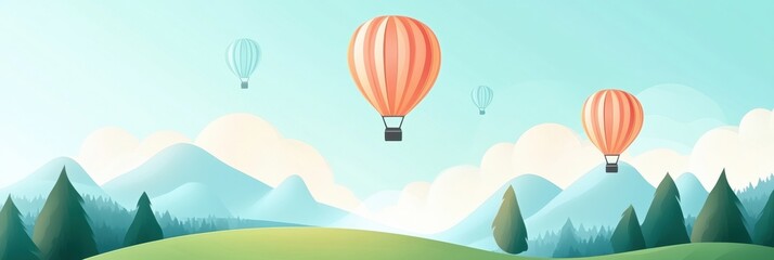 Aufkleber - Hot air balloons soar over a vast green field with distant mountains on a clear sunny day. Generative AI
