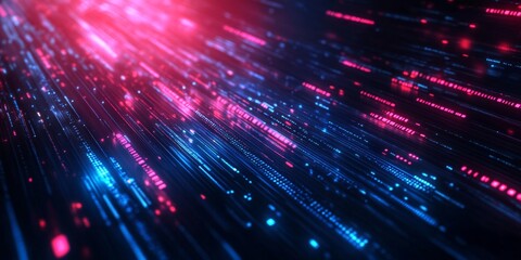 Poster - Digital data streams flow, glowing pink blue, dark background, tech website banner