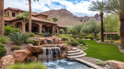 Well-manicured landscape with tiered garden beds and cascading waterfalls.