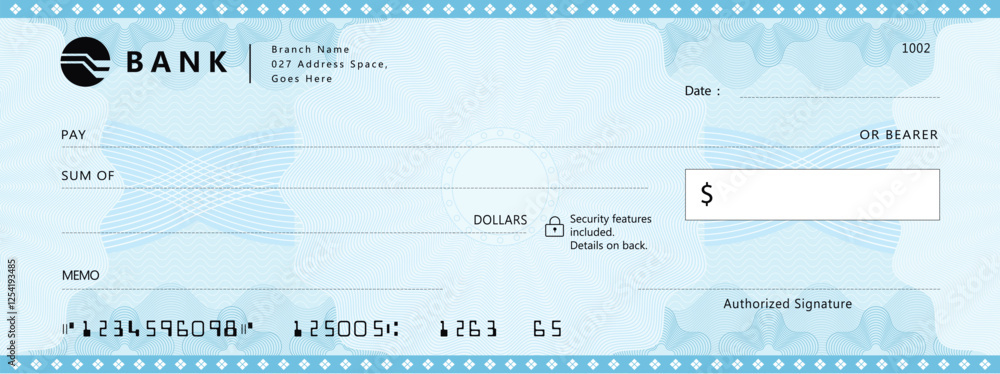 Blank bank check, checkbook cheque template with blue guilloche, vector ...