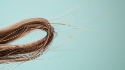 Poster - Macro view of a broken strand of hair against a light blue background showcasing fine details of damage and texture. Generative AI