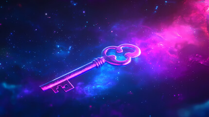 Wall Mural - A mysterious key floating in a cosmic space, illuminated by vibrant purple and blue hues, symbolizing secrets and possibilities. Unraveled Dimensions. Illustration