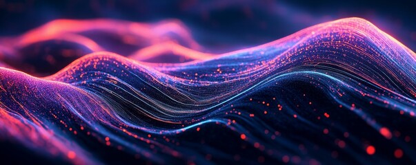 Poster - Abstract digital waves flowing, vibrant pink & blue, dark background, tech design