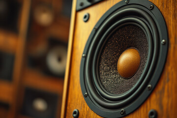 Speaker on wooden surface, surrounded by green plants, under soft sunlight.