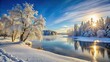 © Praphunsak - Serene winter landscape with snow-covered trees and a sunny sky above a frozen lake, frozen water