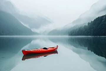 Aufkleber - Serene kayak floating on calm mountain lake surrounded by misty peaks and tranquil waters. Generative AI