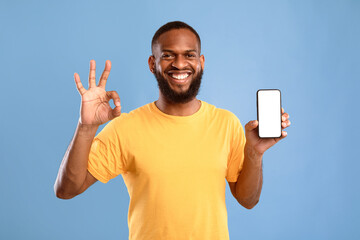 Wall Mural - i recommend this new mobile app. cool young african american guy showing empty smartphone and gestur