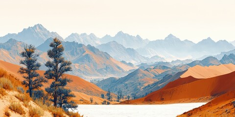 Wall Mural - Stunning Mountain Landscape with Vibrant Red Hills, Pine Trees, and Serene River Under Clear Blue Sky | Nature Photography, Mountain Scenery, Colorful Terrain