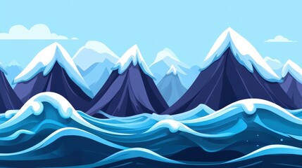 Wall Mural - A vibrant seamless background featuring mountains and sparkling blue water in a modern, cartoonstyle vector design.