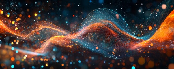 Wall Mural - Abstract glowing wave, cosmic particles, dark background, digital art, website header