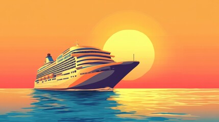 Poster - Sunset over a large cruise ship sailing in calm waters near the horizon with vivid colors lighting the sky. Generative AI
