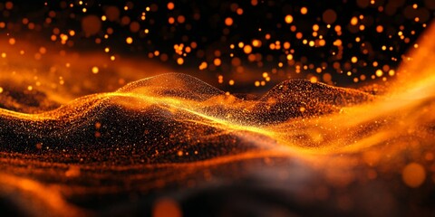 Wall Mural - orange particles flow, dark background, abstract design, digital art