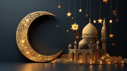 Canvas Print - Stunning Artistic Representation of a Crescent Moon and Majestic Mosque Bathed in Golden Light with Twinkling Stars