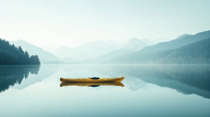 Poster - Lone kayak quietly floats on a calm mountain lake surrounded by tranquil reflections and soft morning light. Generative AI