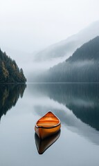 Aufkleber - Lone kayak floating on a tranquil mountain lake surrounded by misty forests at dawn. Generative AI