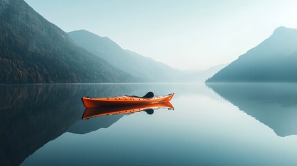 Aufkleber - Lone kayak drifting on a serene mountain lake reflecting soft morning light. Generative AI