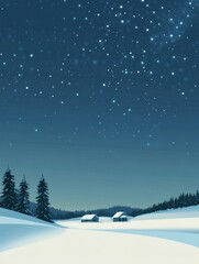 Poster - Snowy landscape with starry sky and distant cabins in a tranquil winter night setting. Generative AI