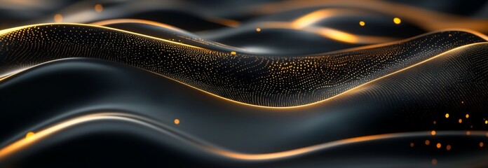 Poster - Dark gold waves flow, digital particles background, abstract design, website header