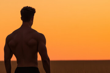 Wall Mural - A man with a muscular back is standing in a field with a beautiful orange sunset