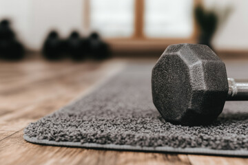 Wall Mural - A black dumbbell is on a gray carpet