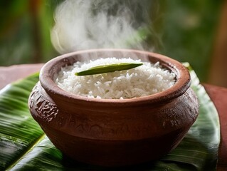 Wall Mural - Jasmine rice served in a clay pot, steaming hot with a vibrant green banana leaf underneath