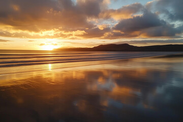 Wall Mural - Beautiful sunset on a pristine ocean beach, showcasing vibrant sky colors reflected on calm, tranquil waters