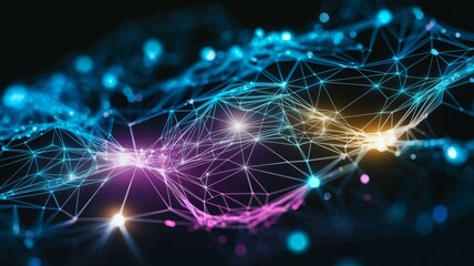 Complex neural network in motion with interconnected nodes and glowing lines. A dynamic web of intelligence and connections. Abstract tech image. 