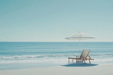 Aufkleber - Relaxing beach setup with lounge chair and umbrella by calm ocean waves under clear blue sky. Generative AI