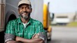 © julio - Smiling Truck Driver in Green Shirt Leaning on Truck