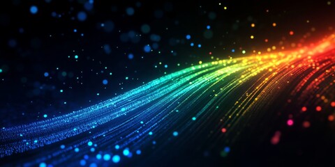 Poster - Rainbow light trails flow in dark space; abstract background for digital design