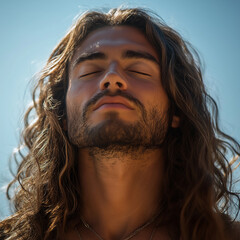 Wall Mural - Young man with long hair enjoying sun with closed eyes getting natural outdoors Peace of mind Mindfulness, mental health, spirituality unwind yourself