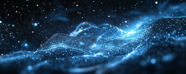 Poster - Glowing blue particles wave, dark space background, digital art, website header